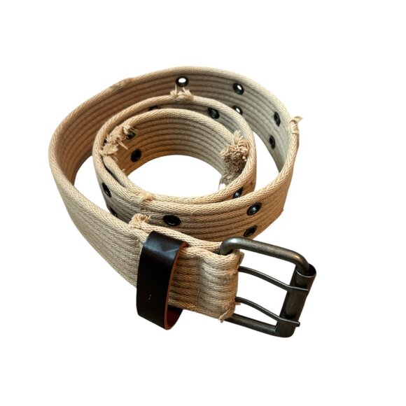 Vintage 90's Grunge Distressed Double Grommet Canvas Belt Beige - Picture 1 of 7